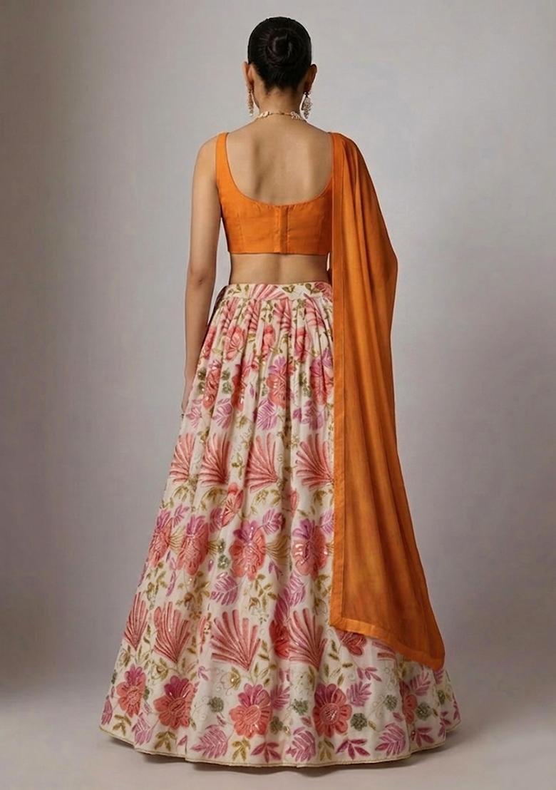 Ivory Printed Organza Lehenga Set - Indya