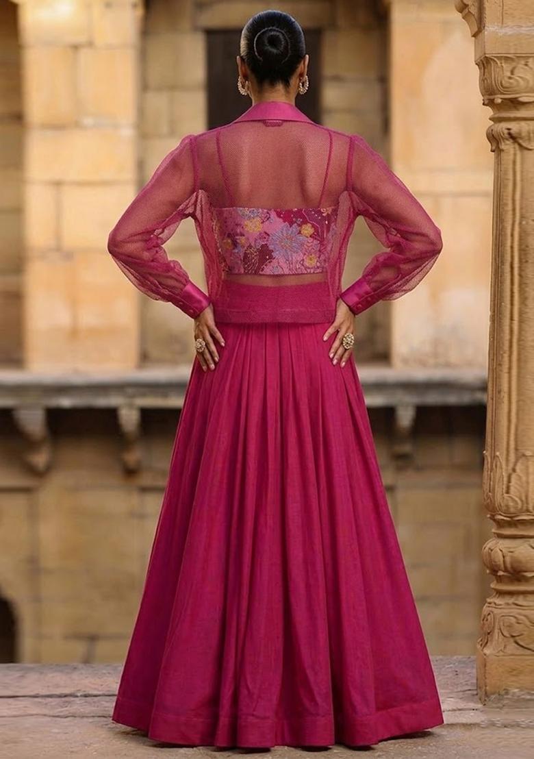 Rani Pink Printed Crepe Lehenga Set - Indya