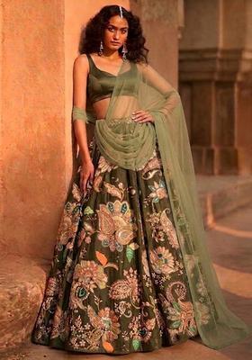 Olive Green Printed Crepe Lehenga Set