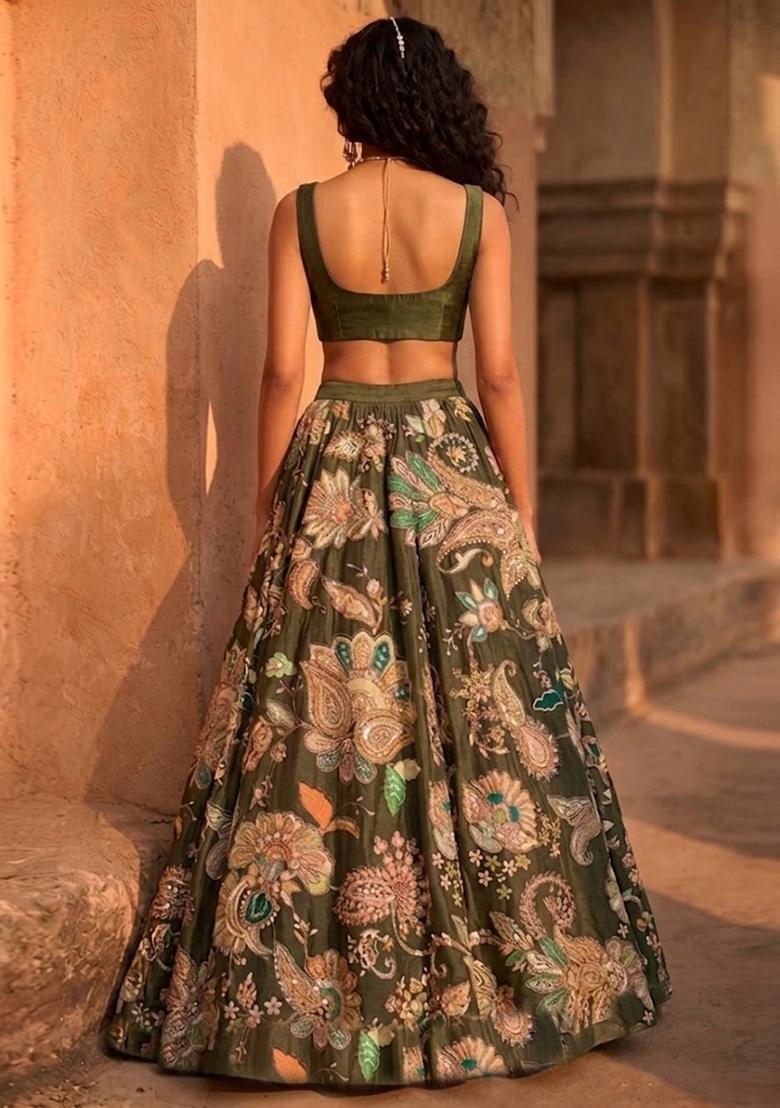 Olive Green Printed Crepe Lehenga Set - Indya