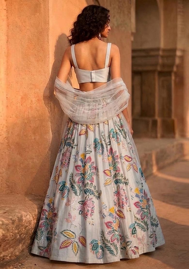 Powder Grey Printed Organza Lehenga Set - Indya