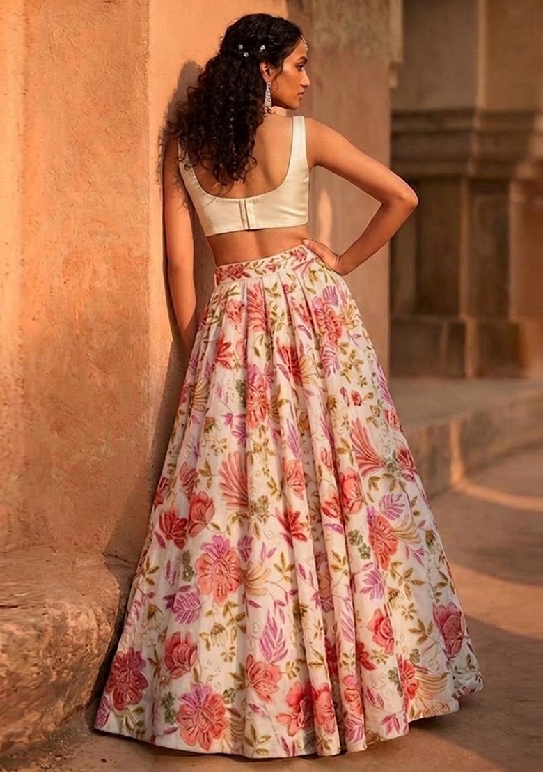 Ivory White Printed Organza Lehenga Set - Indya