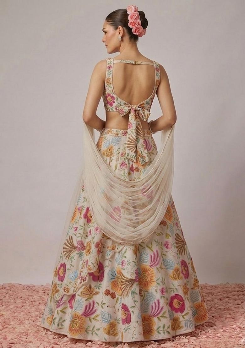 Off White Printed Organza Lehenga Set - Indya