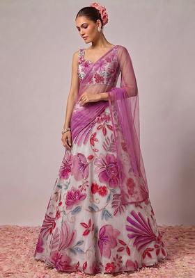 White Printed Organza Lehenga Set