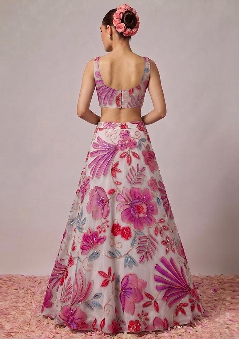 White Printed Organza Lehenga Set - Indya