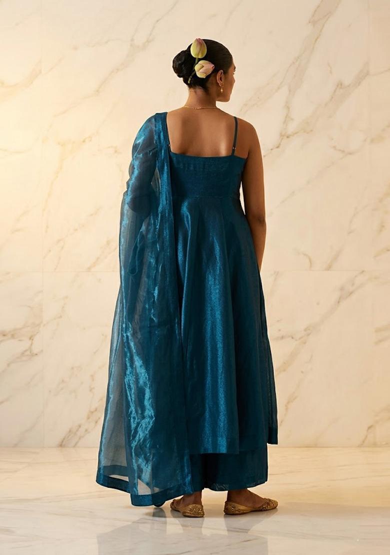 Blue Embroidered Handwork Anarkali Set - Indya