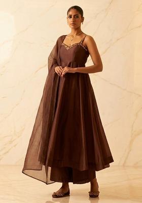 Chocolate Brown Embroidered Handwork Anarkali Set