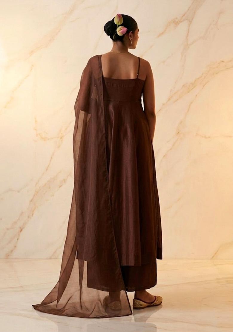 Chocolate Brown Embroidered Handwork Anarkali Set - Indya