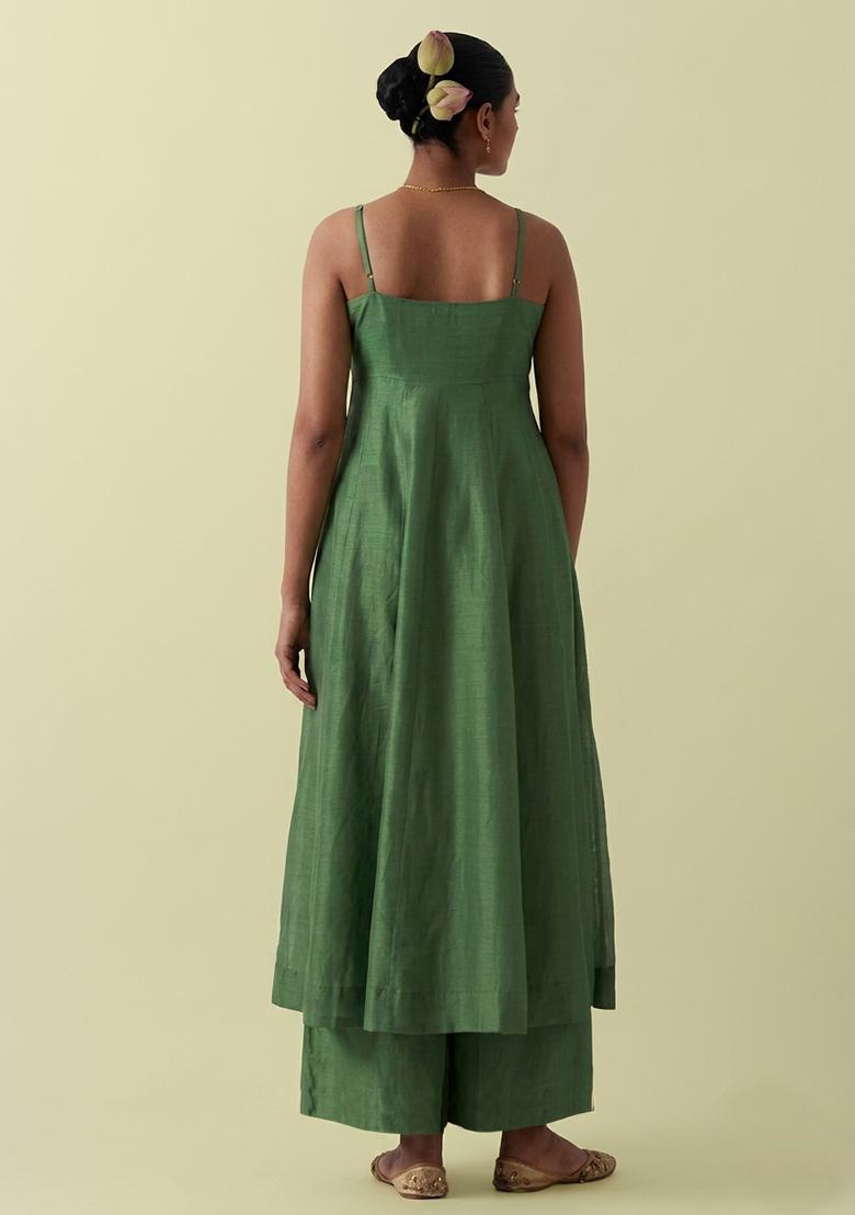 Sage Green Embroidered Handwork Anarkali Set - Indya