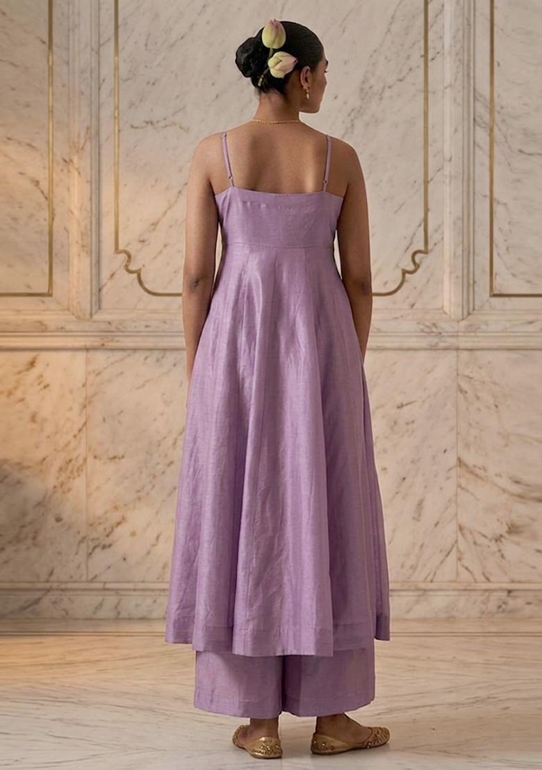 Lavender Purple Embroidered Handwork Anarkali Set - Indya
