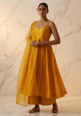 Mustard Yellow Embroidered Handwork Anarkali Set
