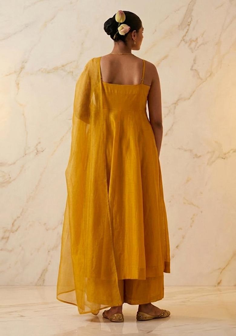 Mustard Yellow Embroidered Handwork Anarkali Set - Indya