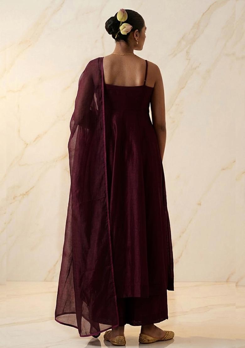 Wine Purple Embroidered Handwork Anarkali Set - Indya