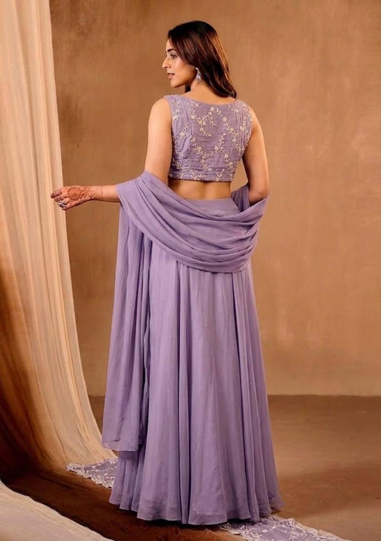 Purple Embroidered Chanderi Lehenga Set - Indya