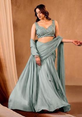 Green Embroidered Chanderi Lehenga Set