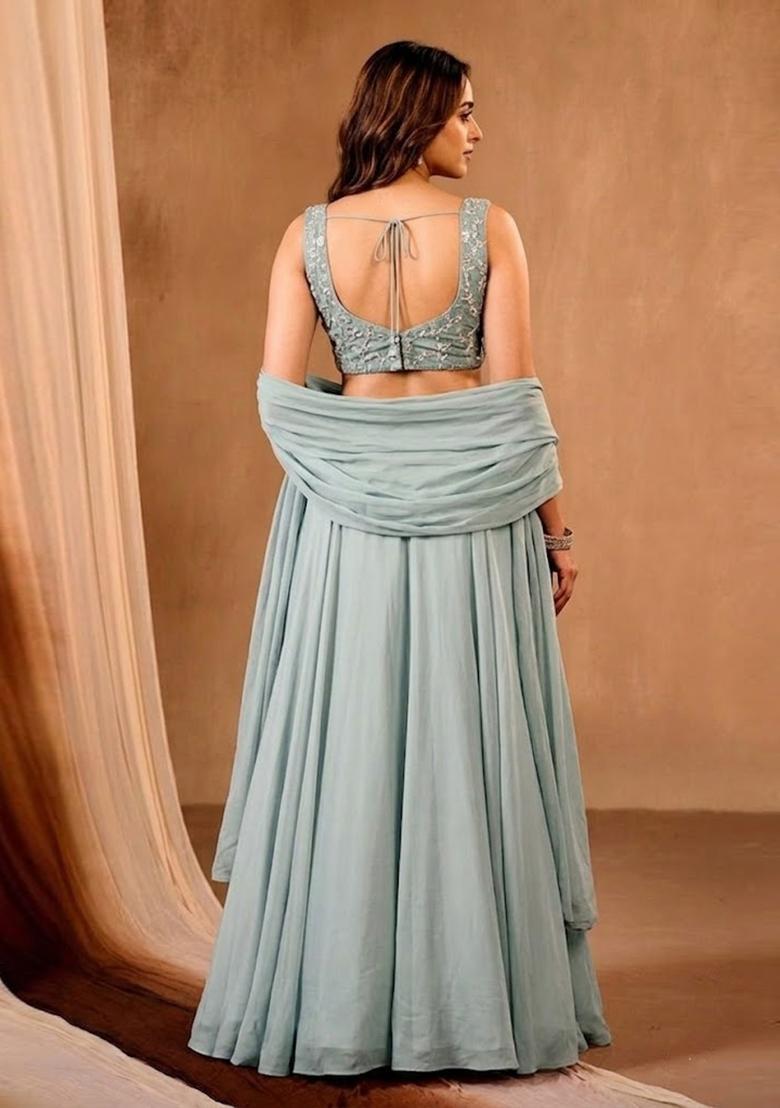 Green Embroidered Chanderi Lehenga Set - Indya