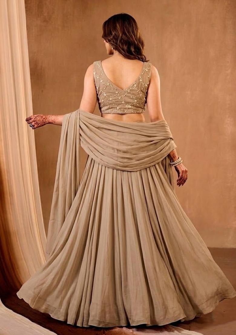 Beige Embroidered Chanderi Lehenga Set - Indya