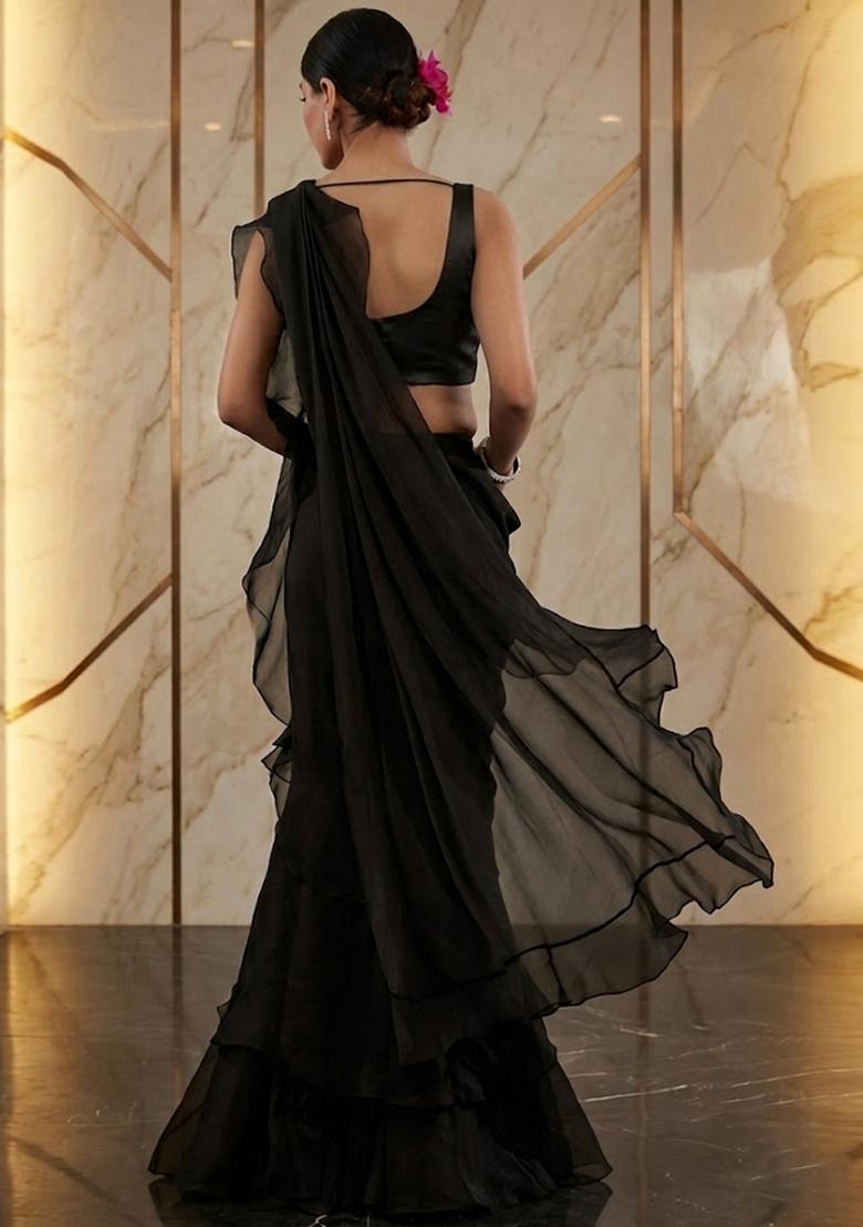 Jet Black Embroidered Handwork Pre Draped Saree Set - Indya