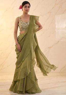 Olive Green Embroidered Handwork Pre Draped Saree Set
