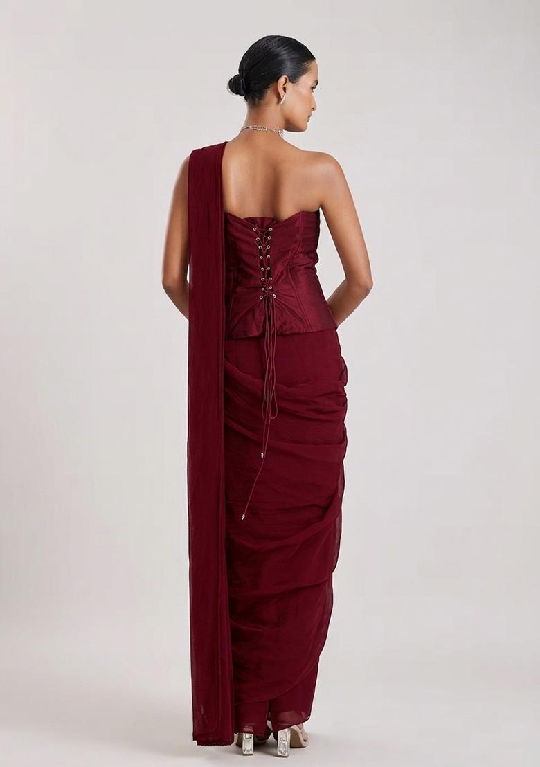 Wine Red Embroidered Handwork Pre Draped Saree Set - Indya