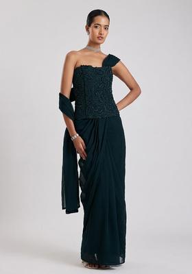 Emerald Green Embroidered Handwork Pre Draped Saree Set