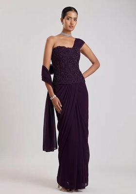 Plum Purple Embroidered Handwork Pre Draped Saree Set