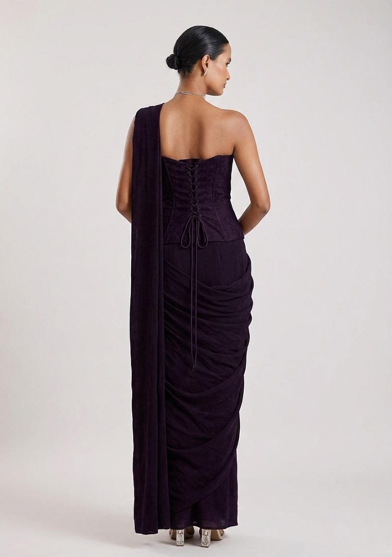 Plum Purple Embroidered Handwork Pre Draped Saree Set - Indya