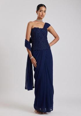 Navy Blue Embroidered Handwork Pre Draped Saree Set