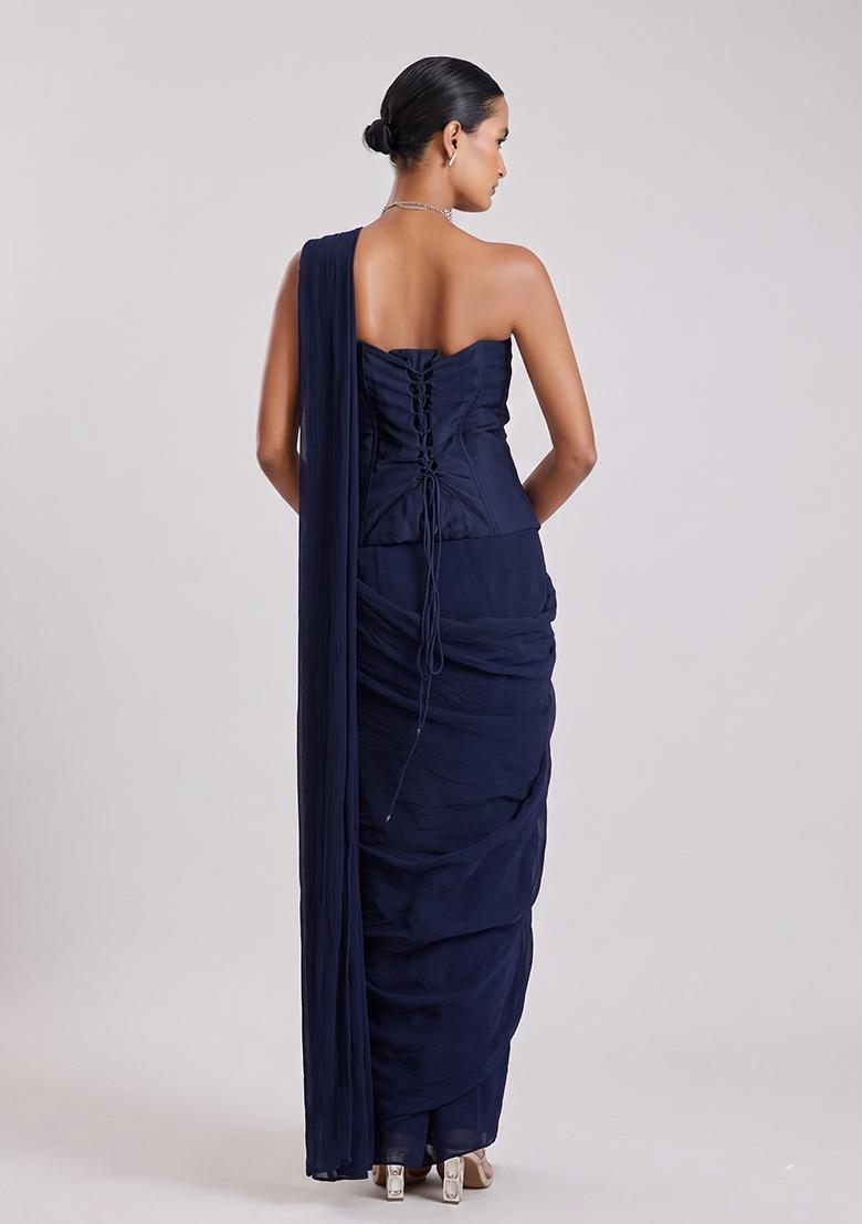 Navy Blue Embroidered Handwork Pre Draped Saree Set - Indya