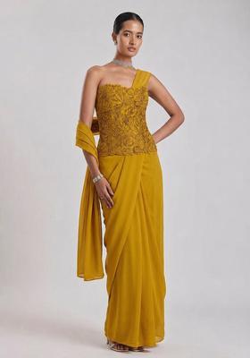 Mustard Yellow Embroidered Handwork Pre Draped Saree Set