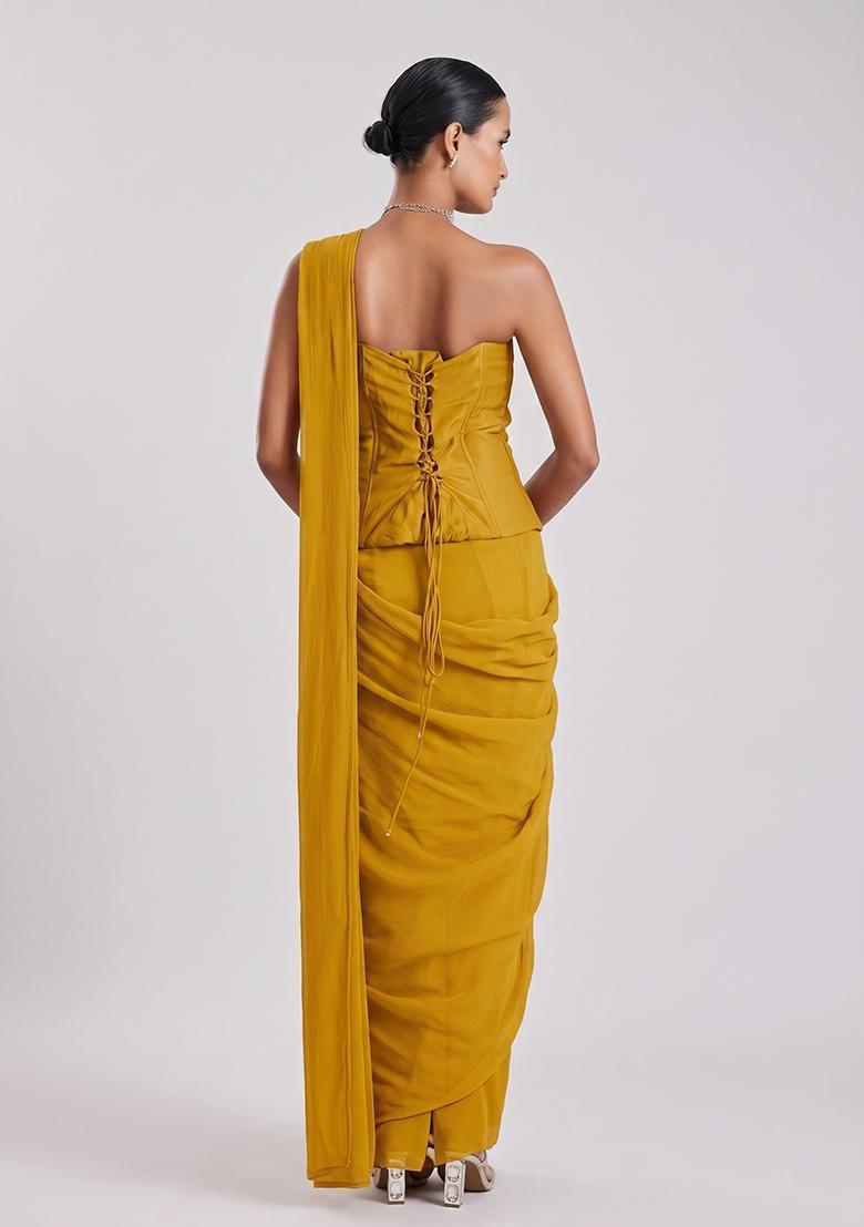 Mustard Yellow Embroidered Handwork Pre Draped Saree Set - Indya