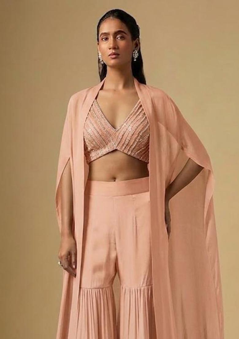 Peach Sequin Silk Blend Fusion Set - Indya