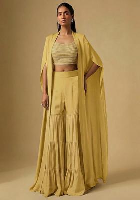 Pastel Yellow Sequin Silk Blend Fusion Set