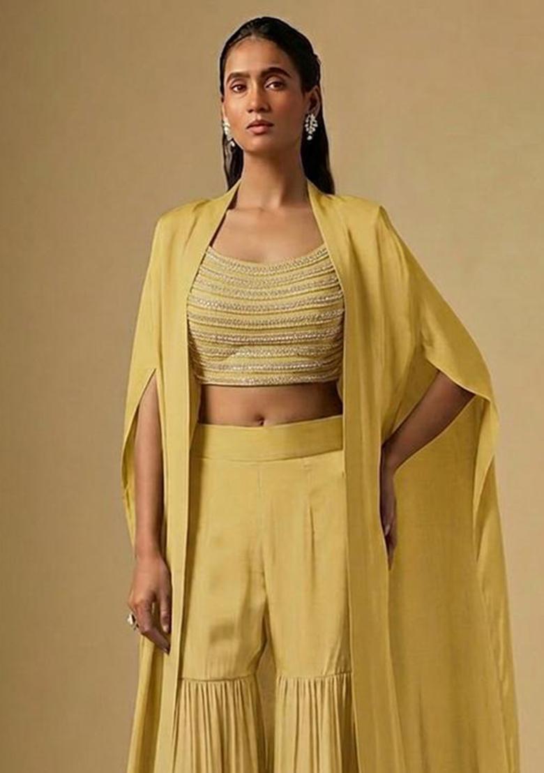 Pastel Yellow Sequin Silk Blend Fusion Set - Indya