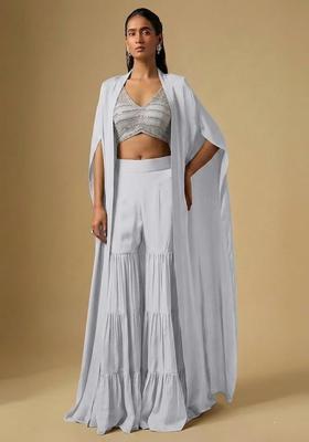 Pastel Blue Sequin Silk Blend Fusion Set