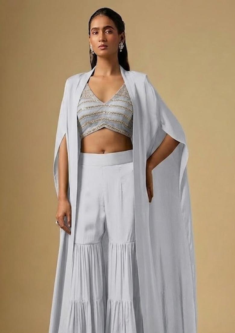 Pastel Blue Sequin Silk Blend Fusion Set - Indya