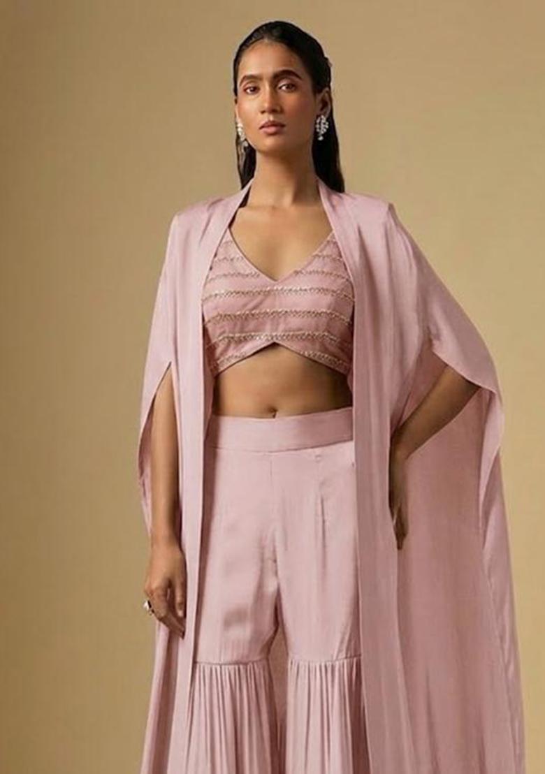 Dusty Pink Sequin Silk Blend Fusion Set - Indya
