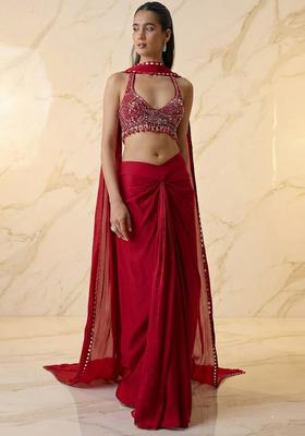 Cherry Red Embroidered Handwork Fusion Set