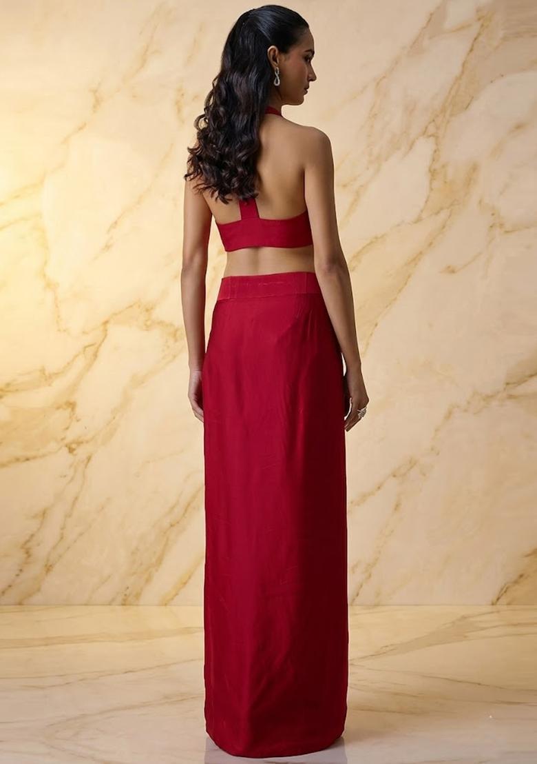 Cherry Red Embroidered Handwork Fusion Set - Indya