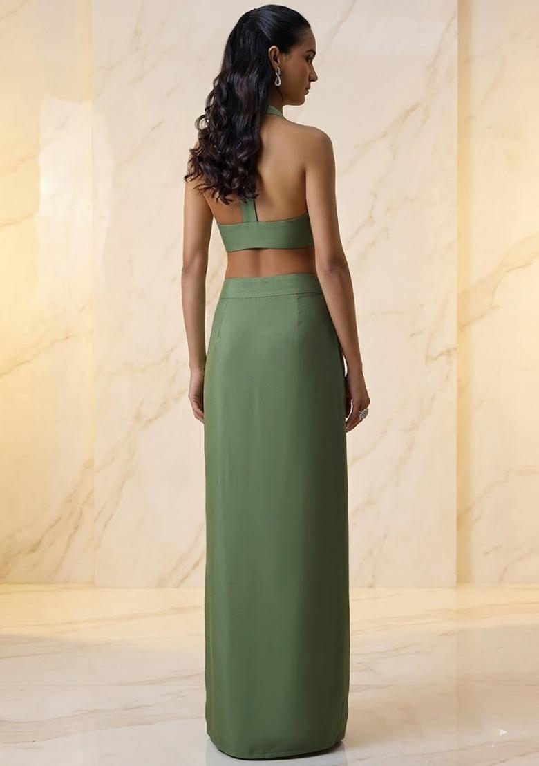 Sage Green Embroidered Handwork Fusion Set - Indya