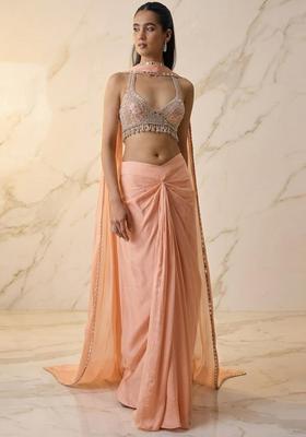Peach Embroidered Handwork Fusion Set