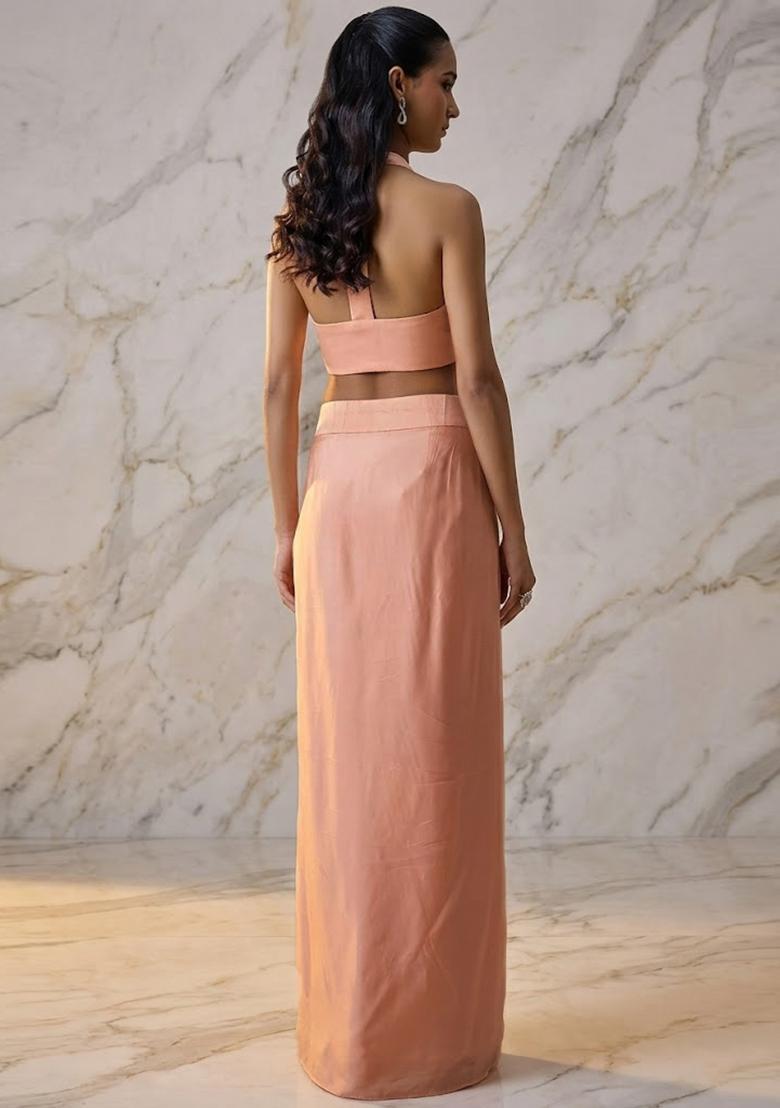 Peach Embroidered Handwork Fusion Set - Indya
