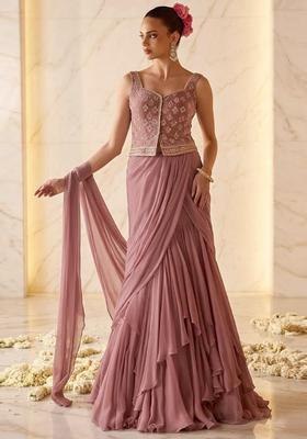 Mauve Embroidered Handwork Pre Draped Saree Set