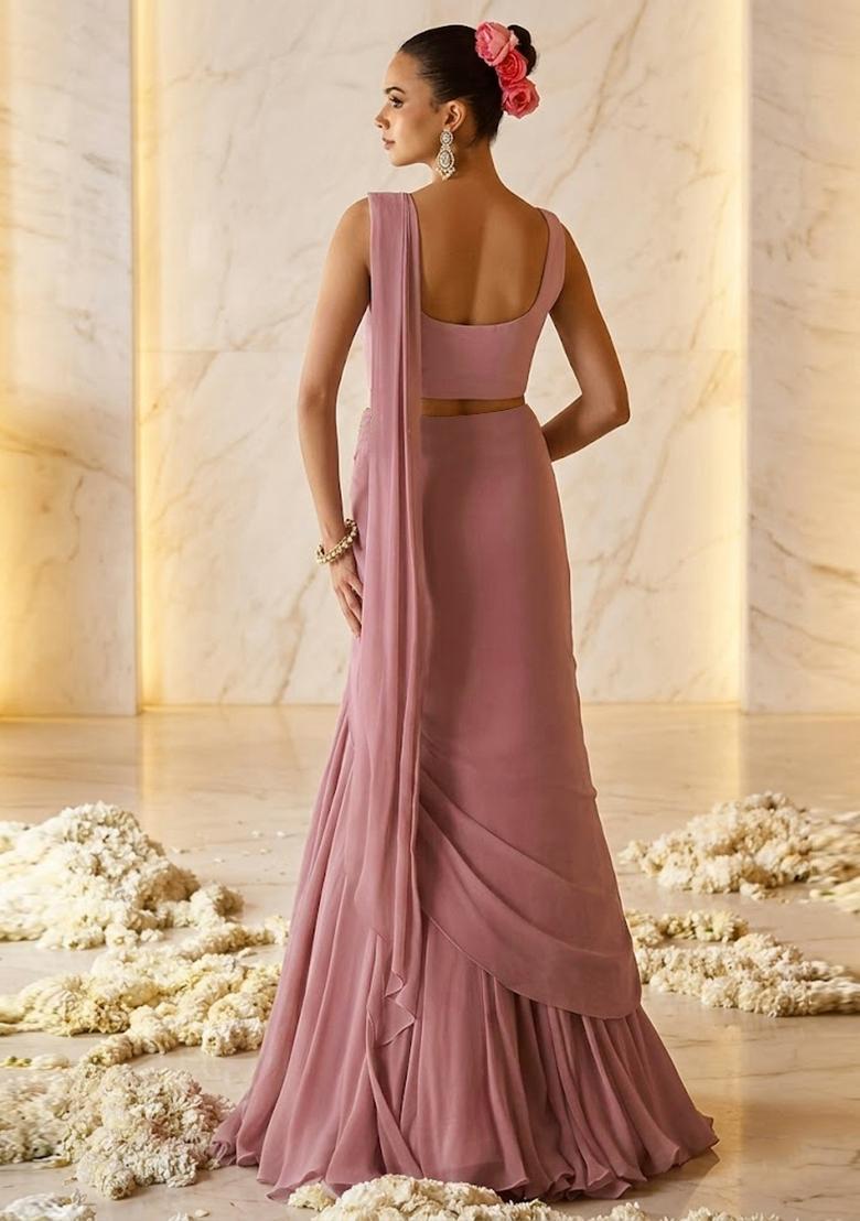 Mauve Embroidered Handwork Pre Draped Saree Set - Indya