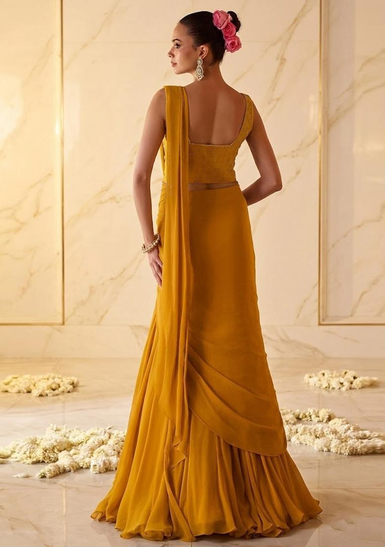 Mustard Embroidered Handwork Pre Draped Saree Set - Indya