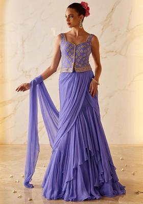 Lavender Embroidered Handwork Pre Draped Saree Set