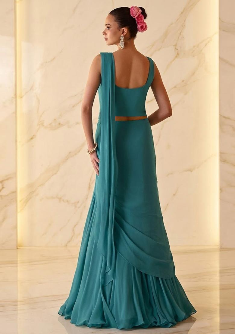 Teal Green Embroidered Handwork Pre Draped Saree Set - Indya
