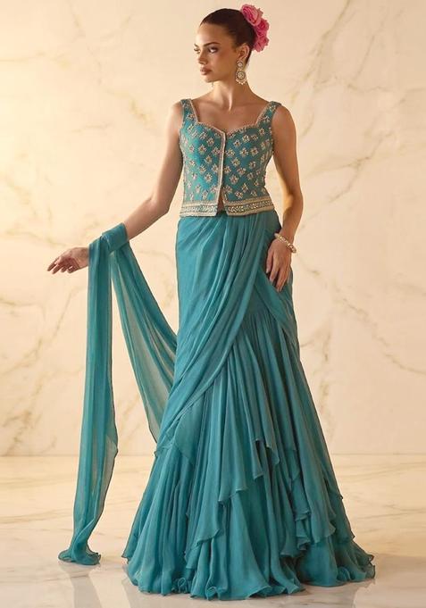 Teal Green Embroidered Handwork Pre Draped Saree Set