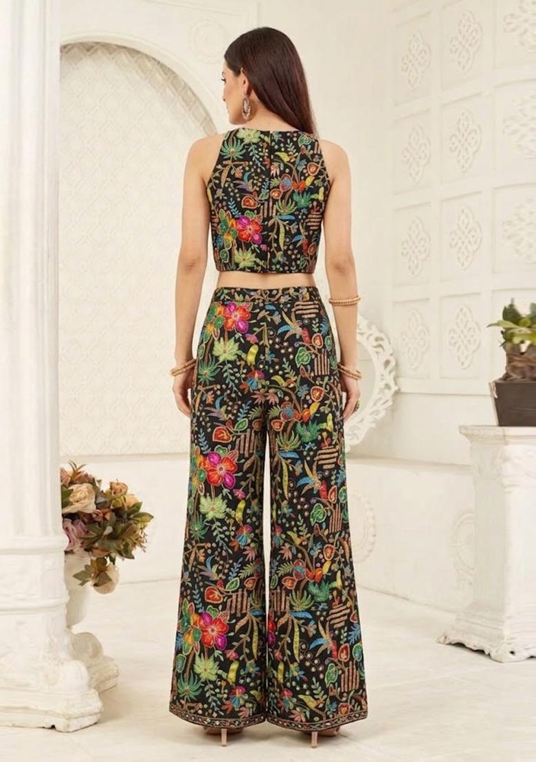 Black Printed Crepe Fusion Set - Indya