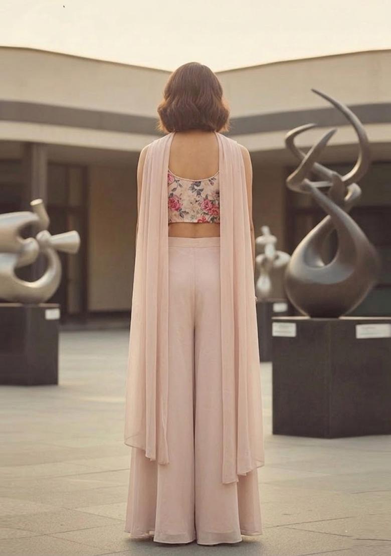 Beige Printed Organza Fusion Set - Indya